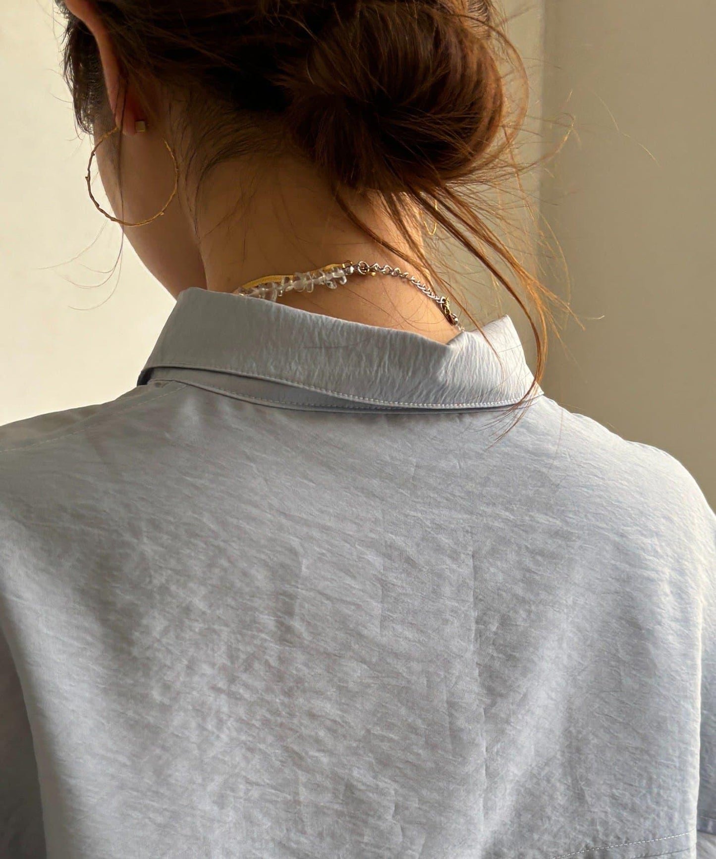 透視抽繩帶領羅紋袖口襯衫