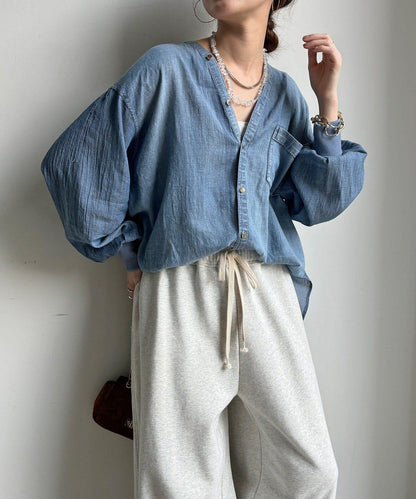 透紗牛仔袖羅紋雙V領襯衫