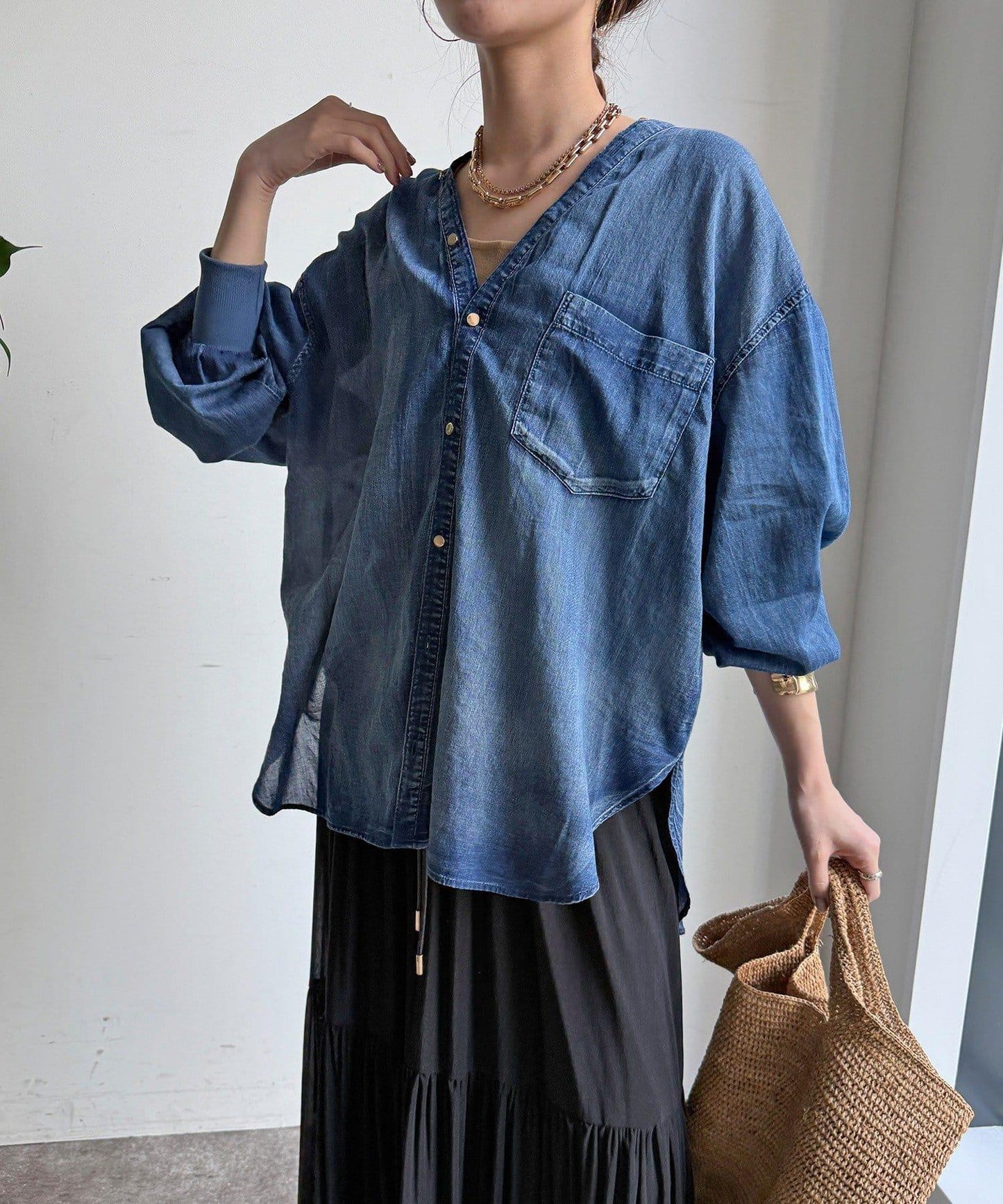 透紗牛仔袖羅紋雙V領襯衫