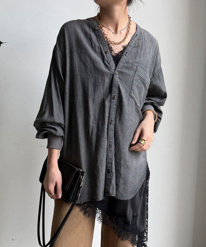 透紗牛仔袖羅紋雙V領襯衫