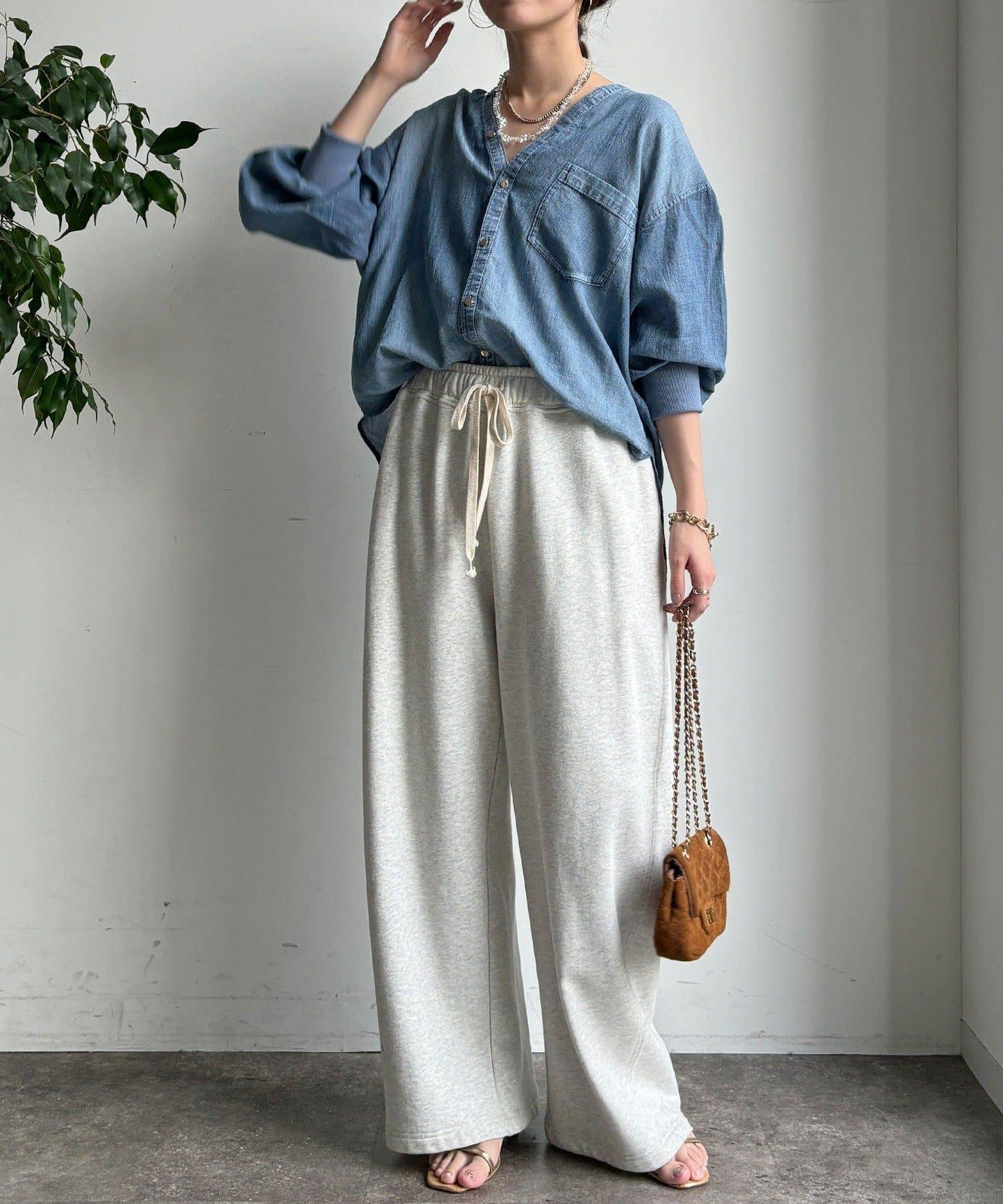 透紗牛仔袖羅紋雙V領襯衫