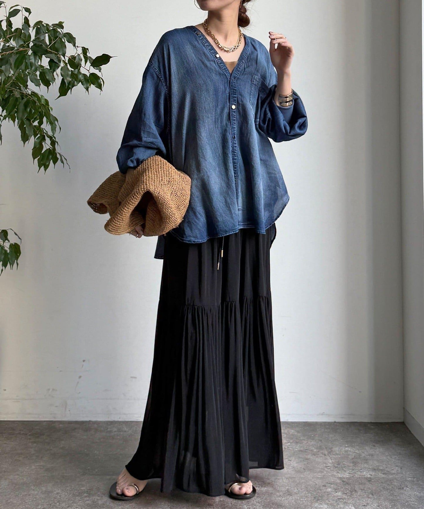 透紗牛仔袖羅紋雙V領襯衫