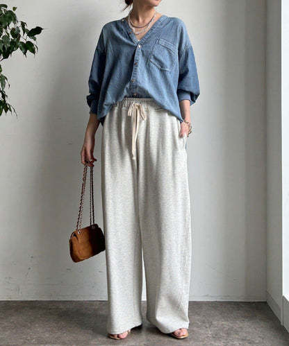 透紗牛仔袖羅紋雙V領襯衫