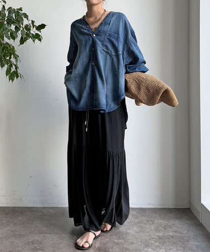 透紗牛仔袖羅紋雙V領襯衫