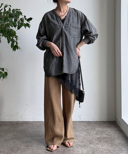 透紗牛仔袖羅紋雙V領襯衫