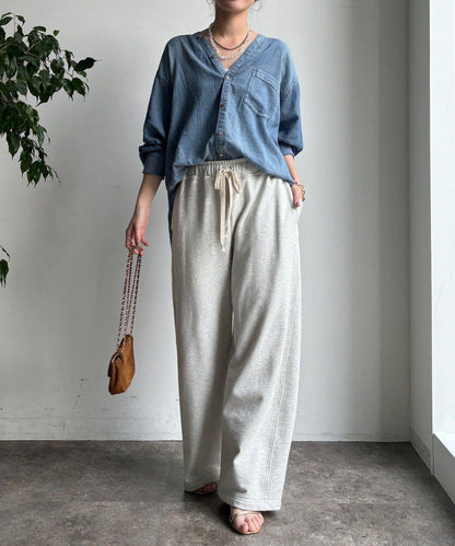 透紗牛仔袖羅紋雙V領襯衫