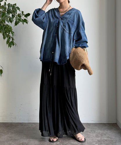 透紗牛仔袖羅紋雙V領襯衫