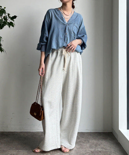 透紗牛仔袖羅紋雙V領襯衫