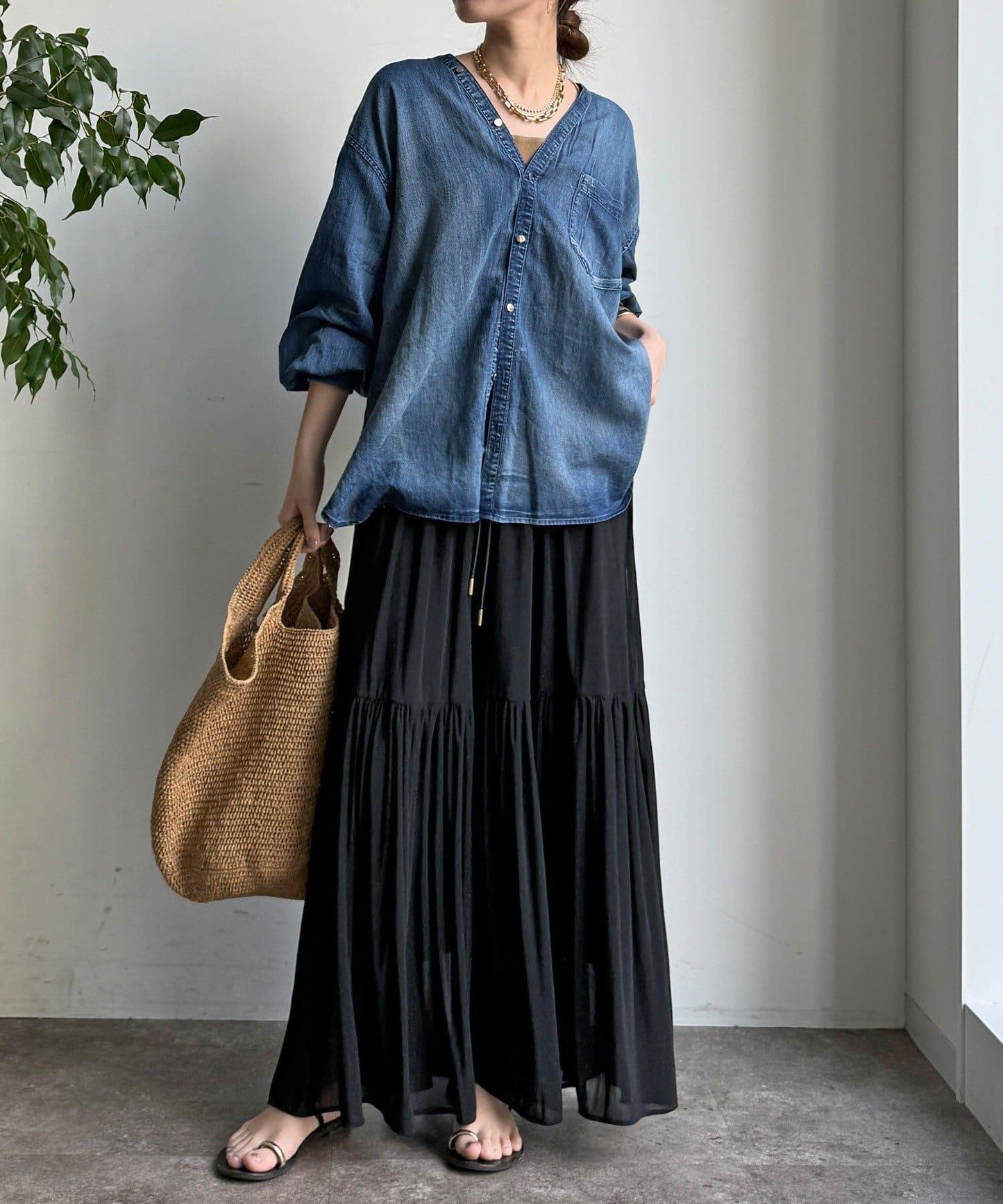 透紗牛仔袖羅紋雙V領襯衫