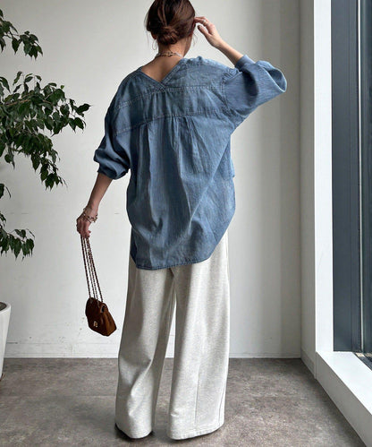 透紗牛仔袖羅紋雙V領襯衫