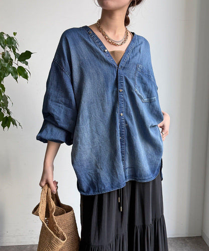 透紗牛仔袖羅紋雙V領襯衫