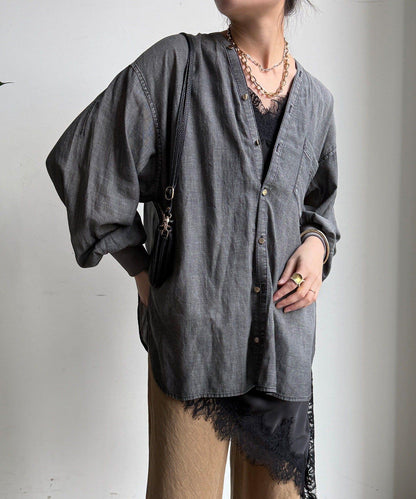 透紗牛仔袖羅紋雙V領襯衫