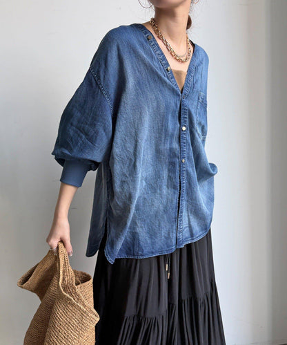 透紗牛仔袖羅紋雙V領襯衫