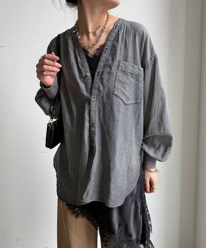 透紗牛仔袖羅紋雙V領襯衫