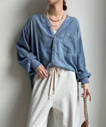 透紗牛仔袖羅紋雙V領襯衫