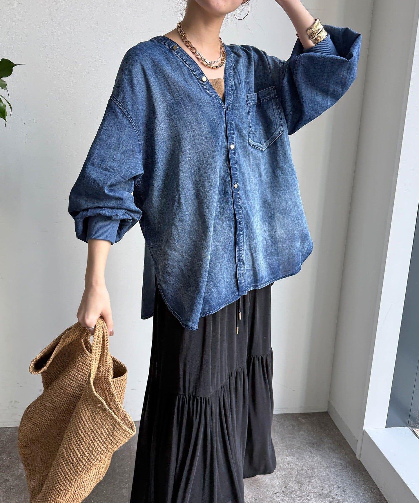 透紗牛仔袖羅紋雙V領襯衫