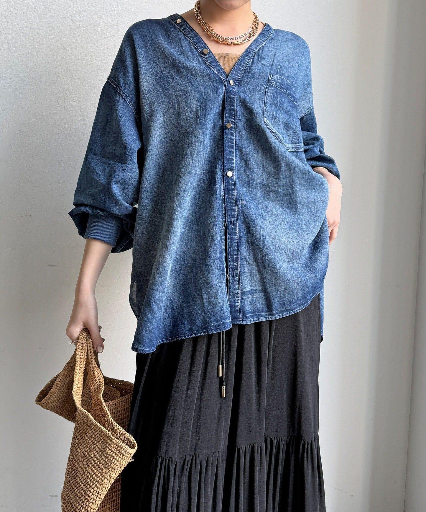 透紗牛仔袖羅紋雙V領襯衫