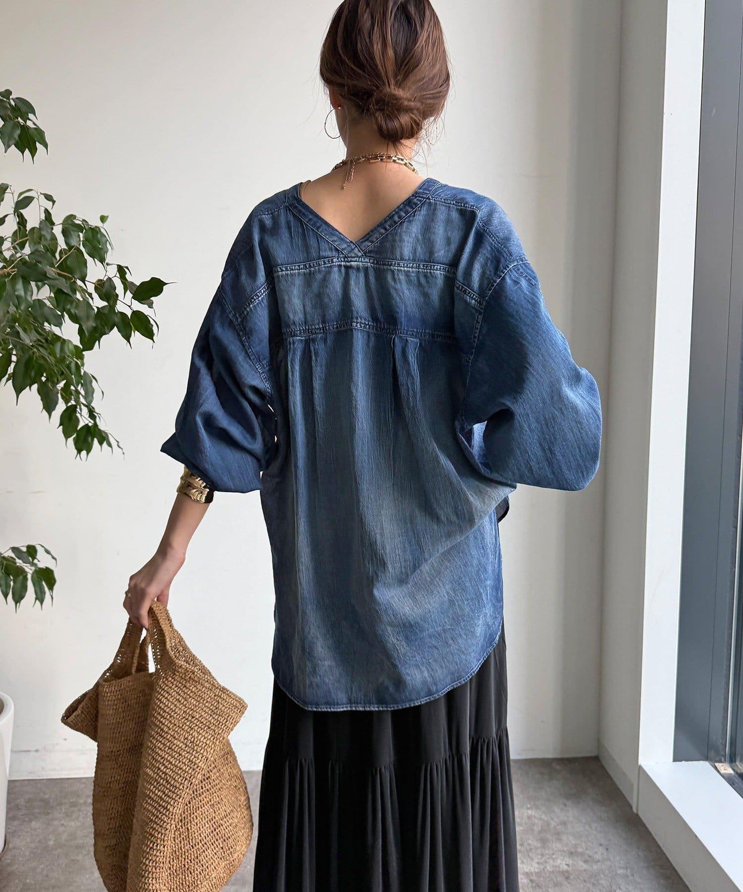 透紗牛仔袖羅紋雙V領襯衫