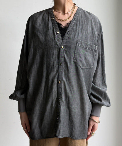 透紗牛仔袖羅紋雙V領襯衫