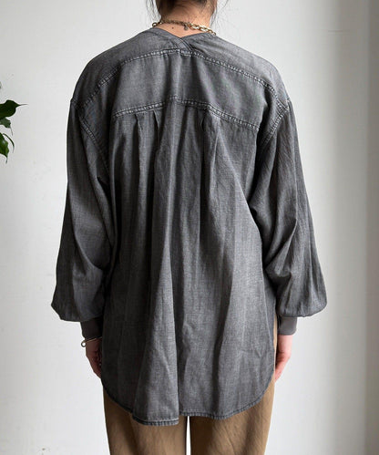 透紗牛仔袖羅紋雙V領襯衫