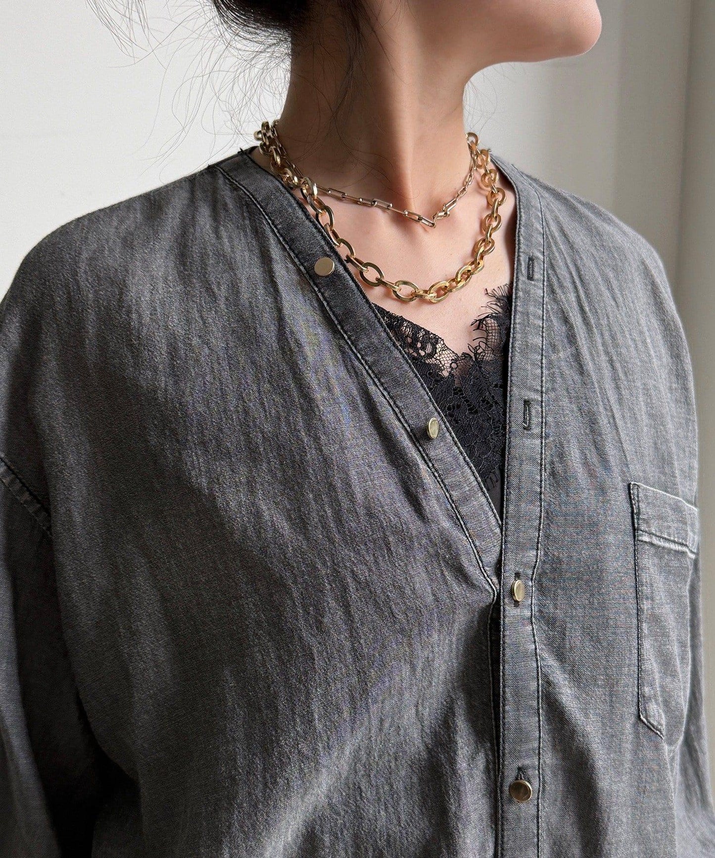 透紗牛仔袖羅紋雙V領襯衫