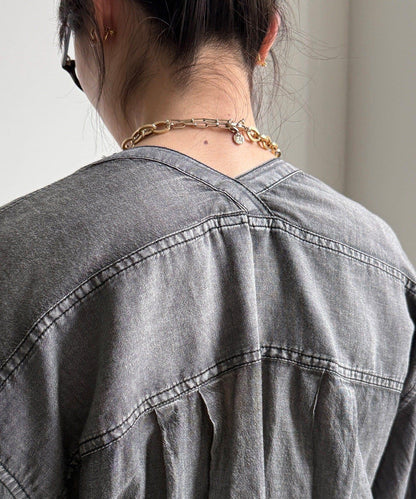 透紗牛仔袖羅紋雙V領襯衫