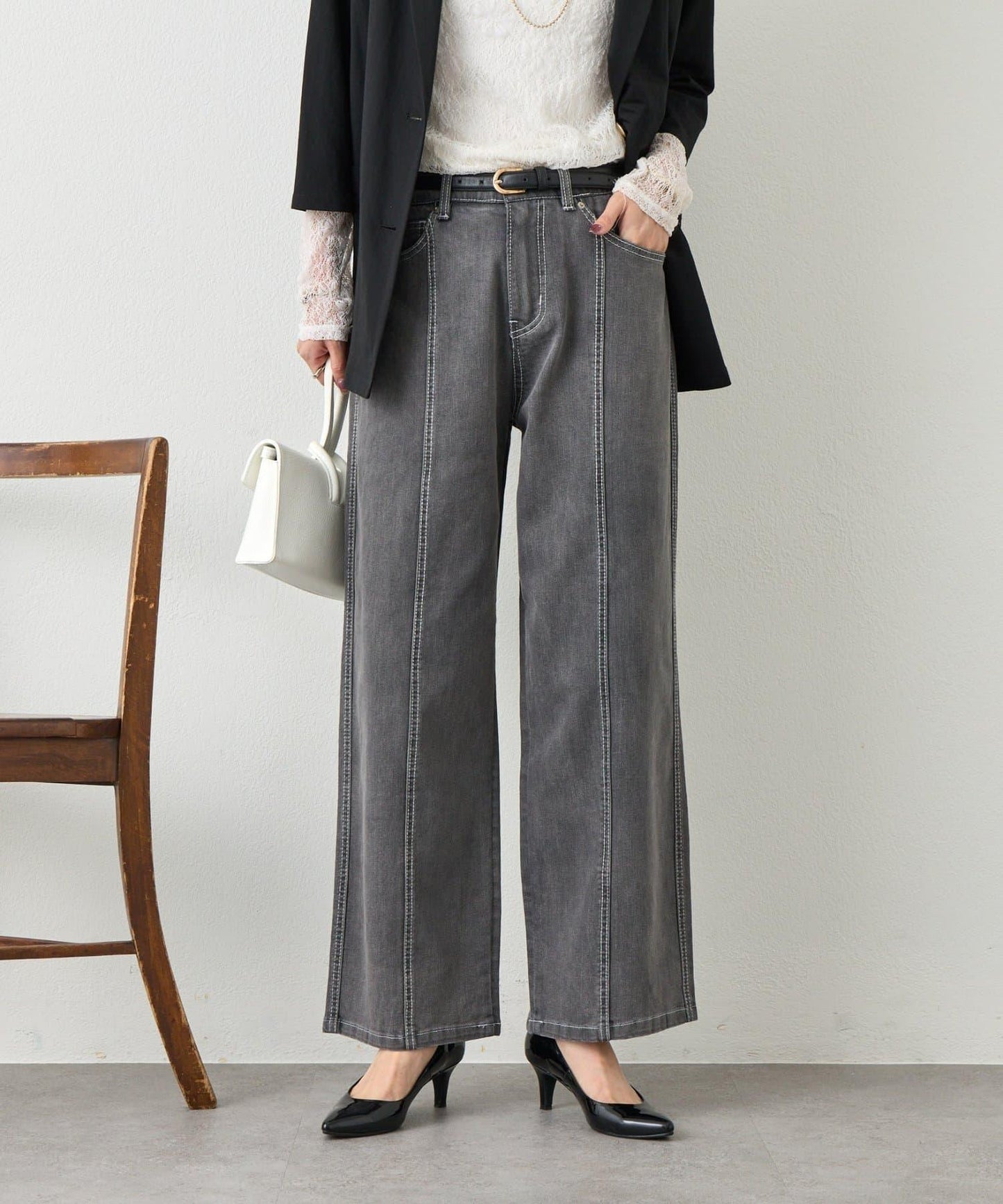 明線直筒牛仔褲