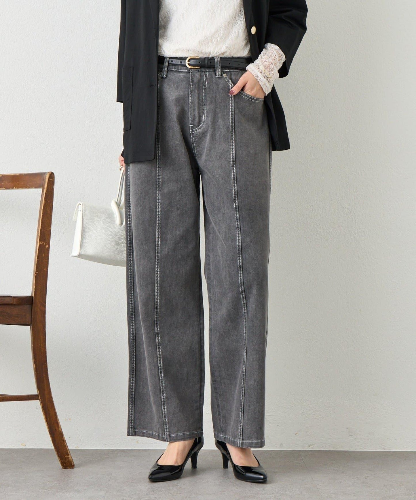 明線直筒牛仔褲