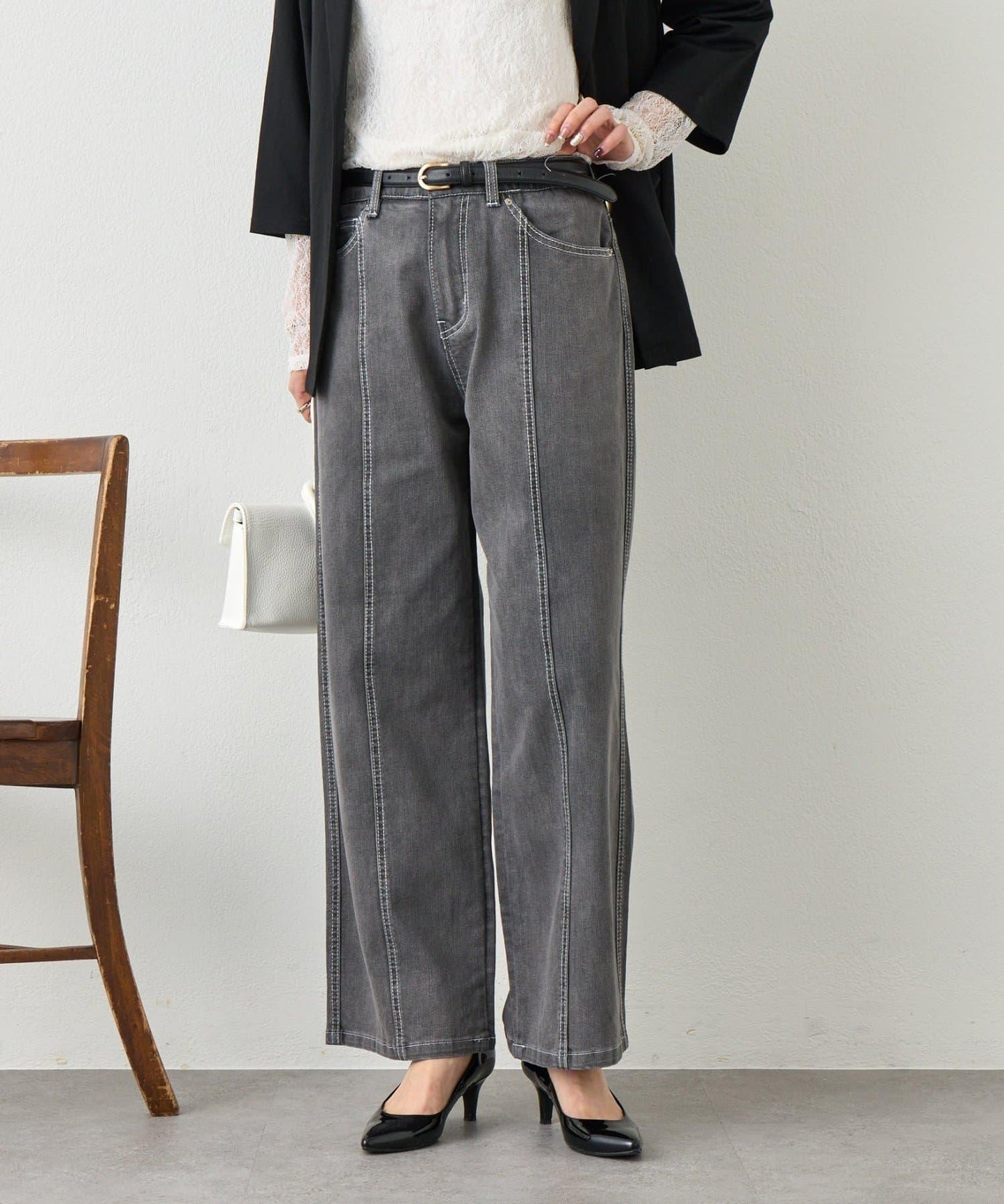 明線直筒牛仔褲