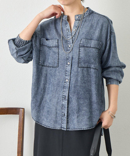 後褶設計 牛仔襯衫