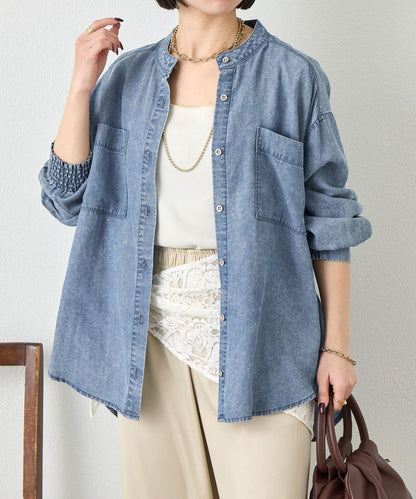 後褶設計 牛仔襯衫