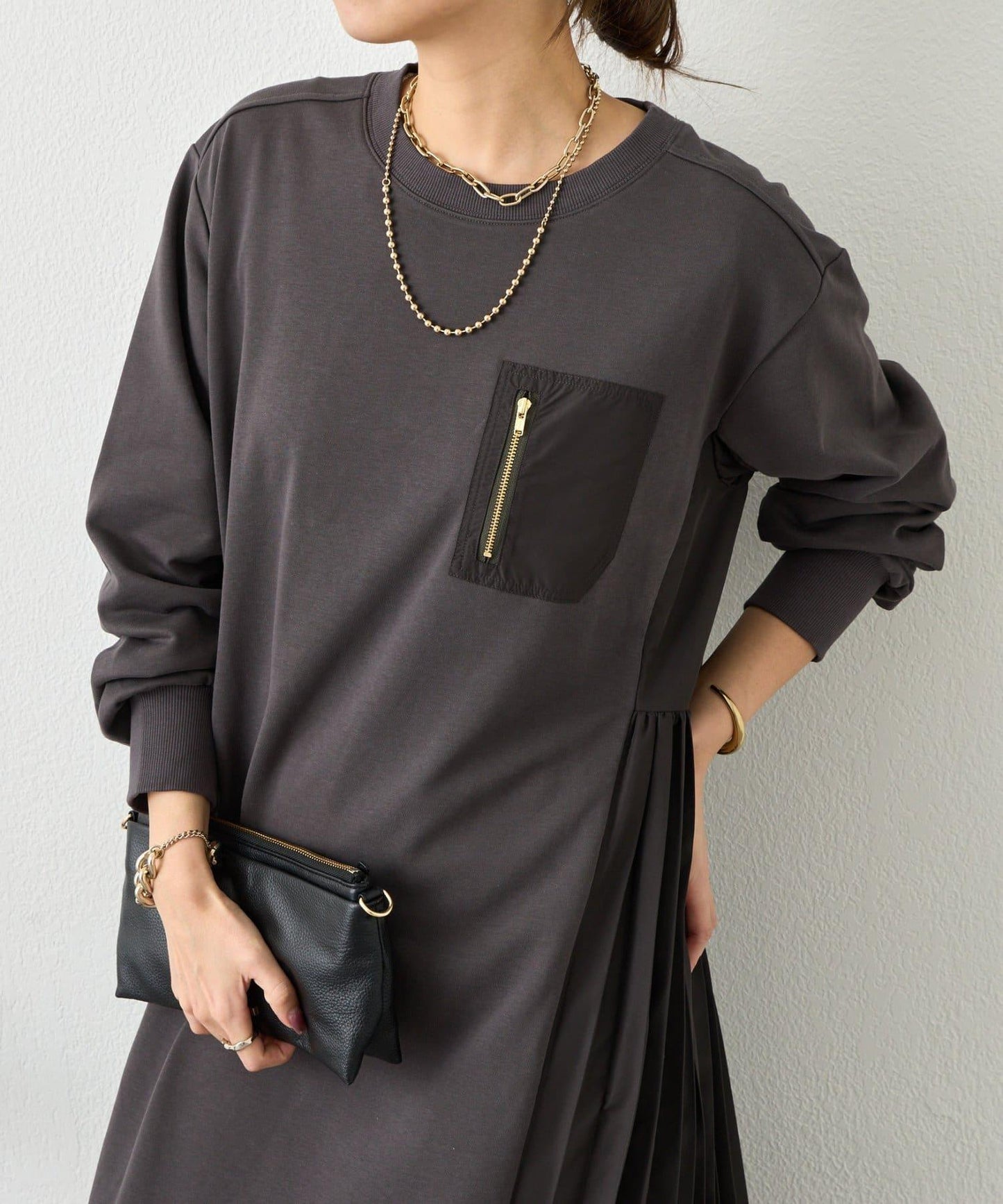 側褶設計 毛圈面料 連衣裙