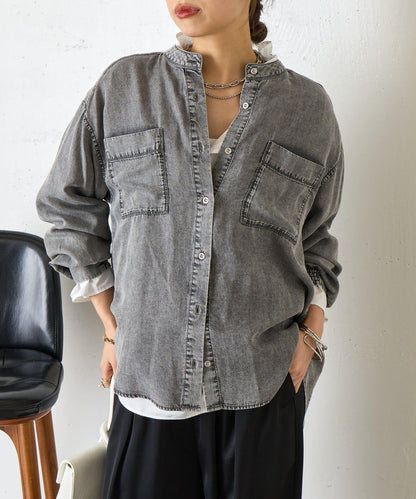 後褶設計 牛仔襯衫