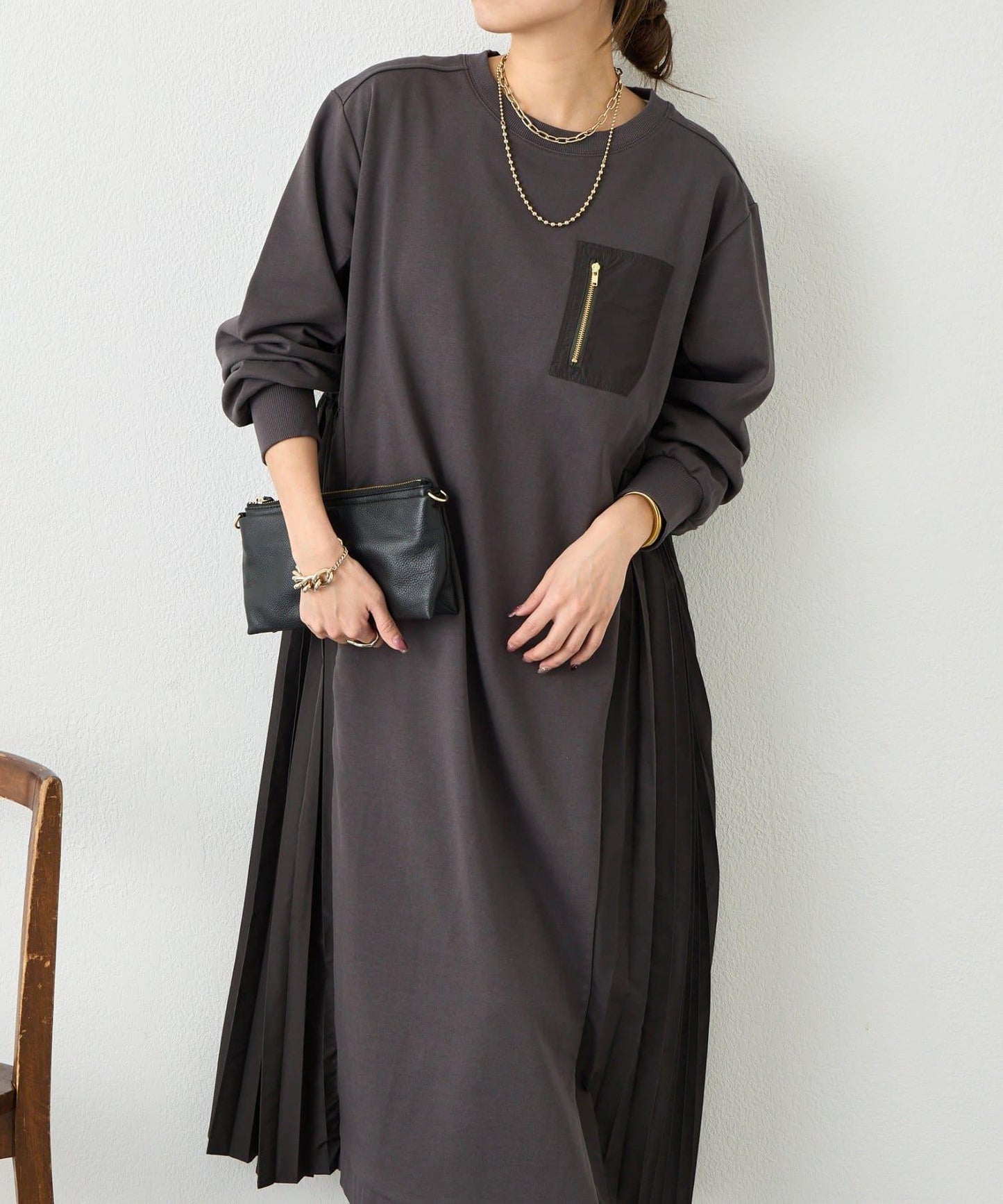 側褶設計 毛圈面料 連衣裙