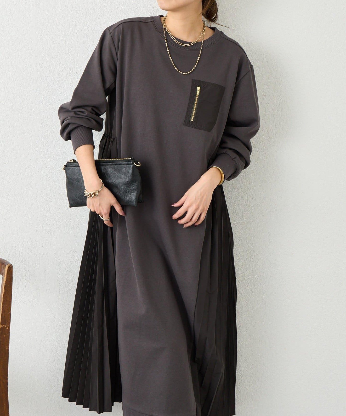 側褶設計 毛圈面料 連衣裙