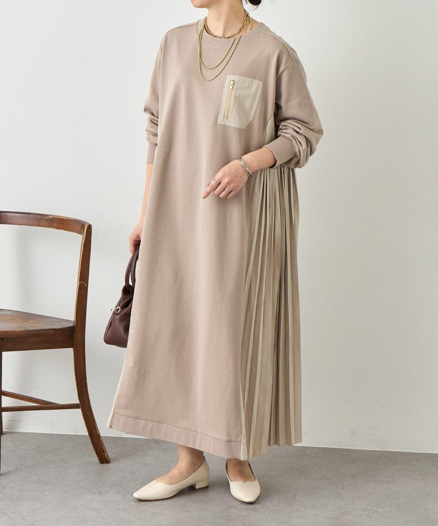 側褶設計 毛圈面料 連衣裙