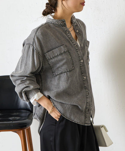 後褶設計 牛仔襯衫