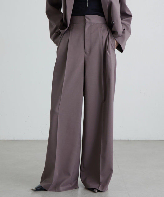 斜紋 腰部裝飾釦 雙褶 闊腿闊腿褲