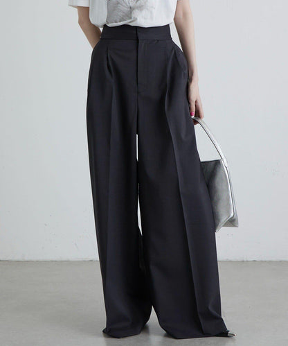 斜紋 腰部裝飾釦 雙褶 闊腿闊腿褲
