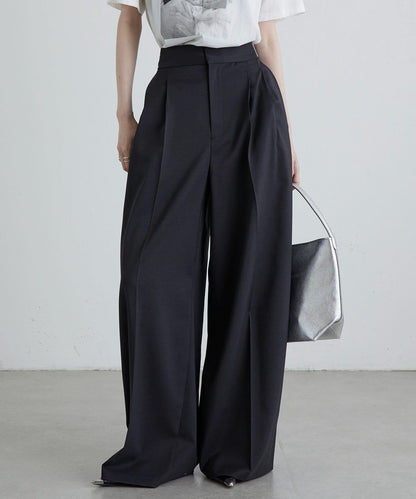 斜紋 腰部裝飾釦 雙褶 闊腿闊腿褲