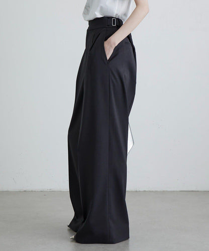 斜紋 腰部裝飾釦 雙褶 闊腿闊腿褲