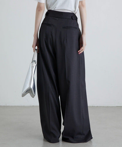 斜紋 腰部裝飾釦 雙褶 闊腿闊腿褲