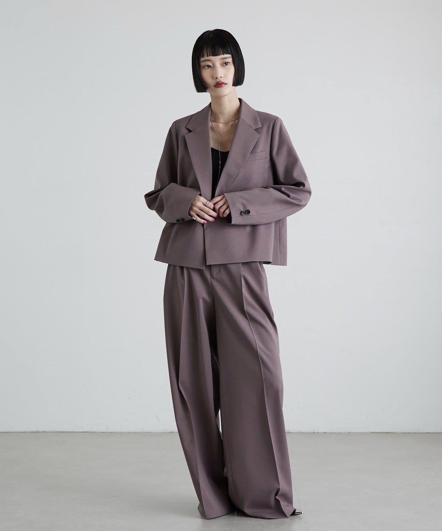 斜紋 腰部裝飾釦 雙褶 闊腿闊腿褲