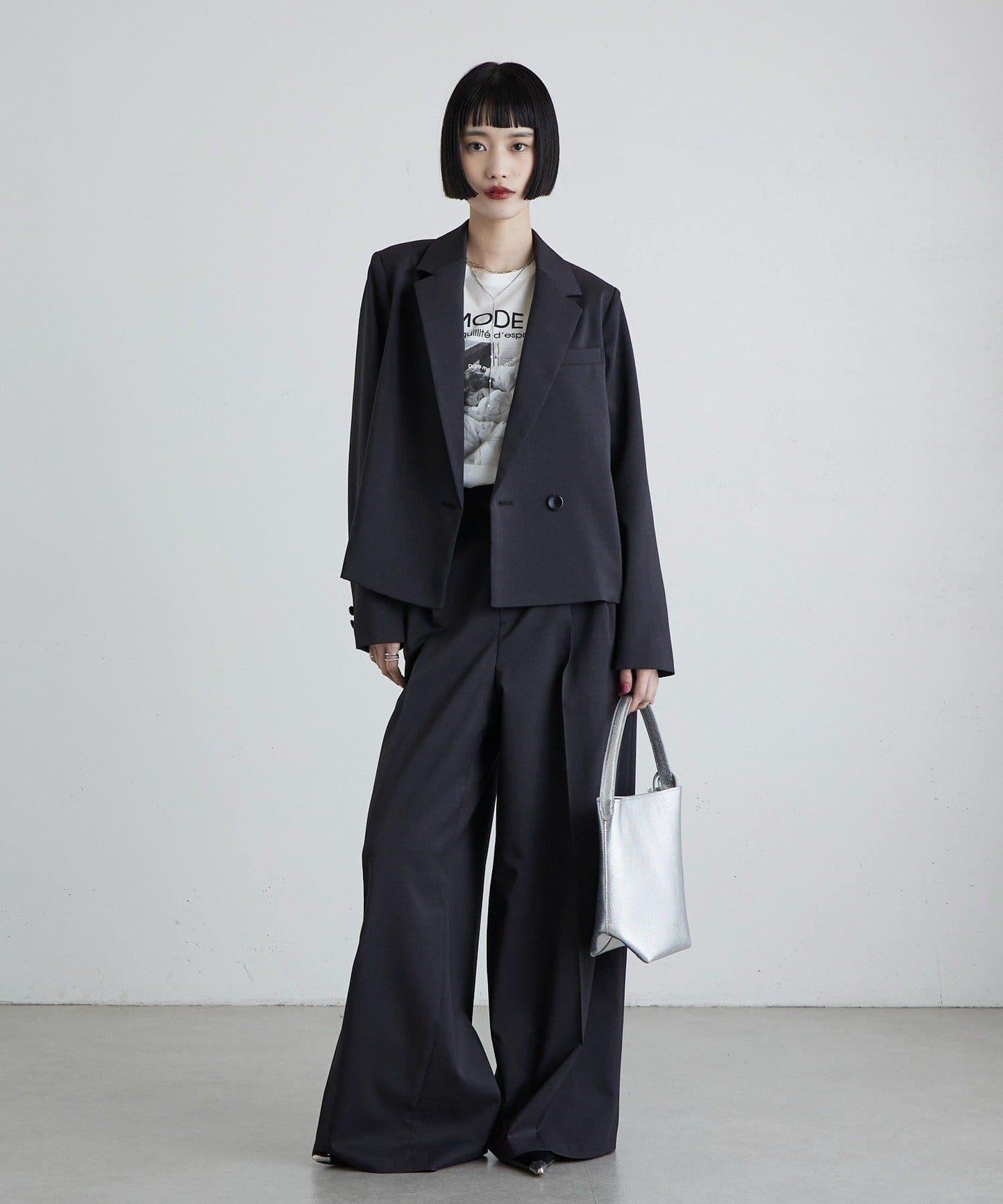 斜紋 腰部裝飾釦 雙褶 闊腿闊腿褲