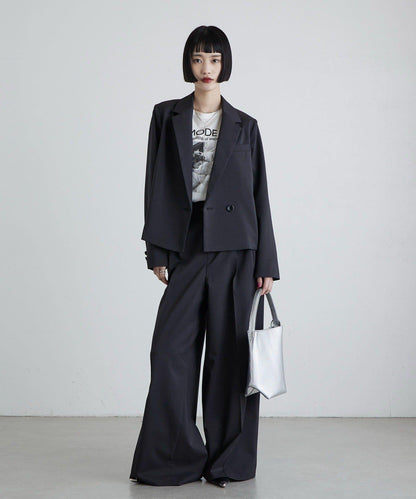 斜紋 腰部裝飾釦 雙褶 闊腿闊腿褲