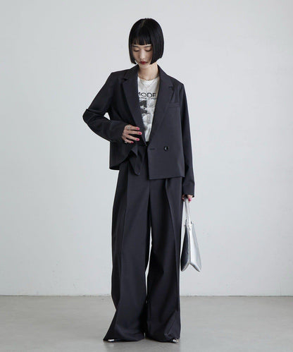 斜紋 腰部裝飾釦 雙褶 闊腿闊腿褲