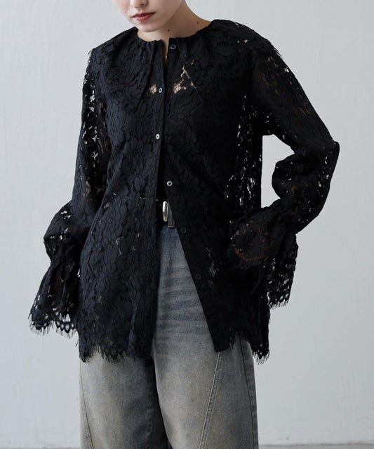 波浪蕾絲 後背開口 襯衫