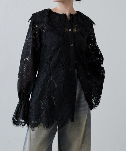 波浪蕾絲 後背開口 襯衫