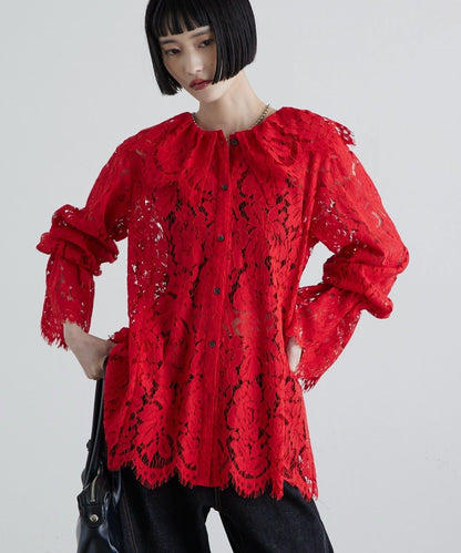 波浪蕾絲 後背開口 襯衫