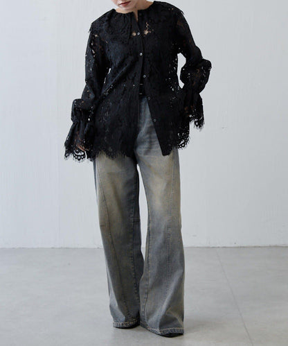 波浪蕾絲 後背開口 襯衫